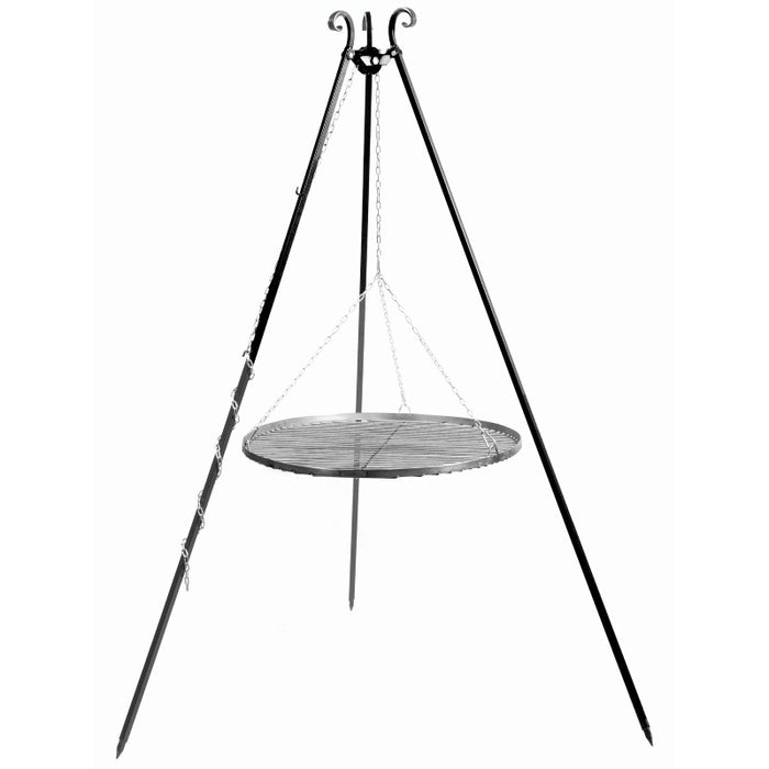 Grillstativ 180 cm med hängande rostfritt grillgaller, utan eld