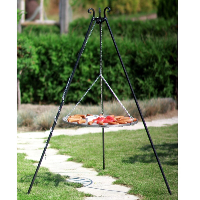 Stativgrill med eld och rostfritt galler – perfekt för picknick och barbecue i trädgården