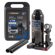 Hydraulisk flaskdomkraft 5 ton med pumphandtag. Levereras med förvaringslåda.
Kapacitet: 5000 kg.
Lyfthöjd: 210-420 mm.