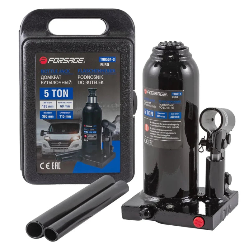 Hydraulisk flaskdomkraft 5 ton med pumphandtag. Levereras med förvaringslåda.
Kapacitet: 5000 kg.
Lyfthöjd: 210-420 mm.