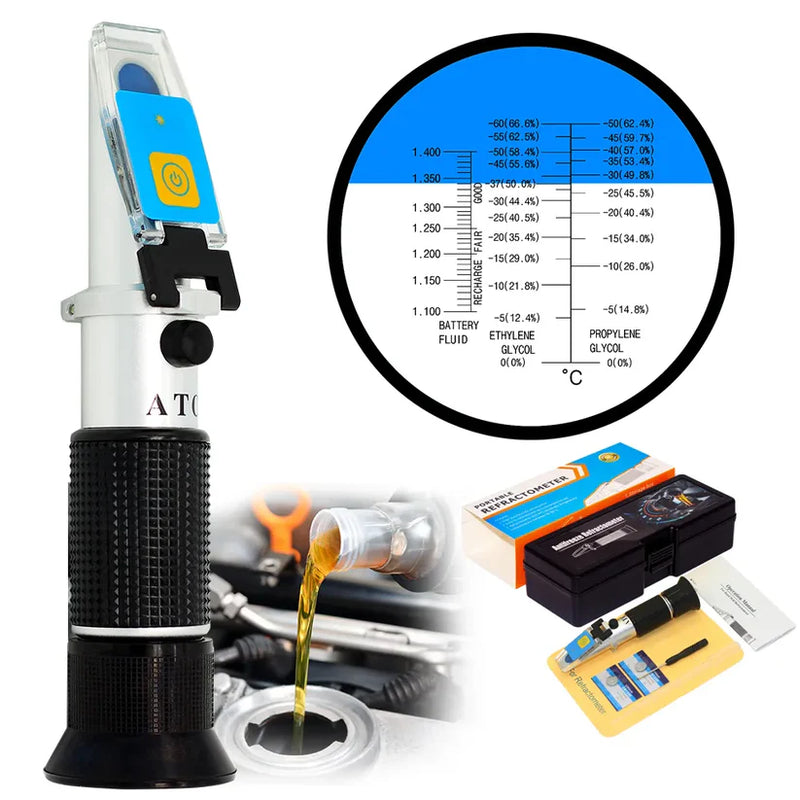 Refraktometer för bilvätskor – mät glykol, batterisyra och spolarvätska med tydlig skala och komplett tillbehörssats.