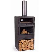 Trädgårdskamin med pizzaugn, eldfasta stenar och vedförvaring – helbild.