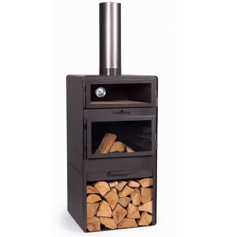 Trädgårdskamin med pizzaugn, eldfasta stenar och vedförvaring – helbild.