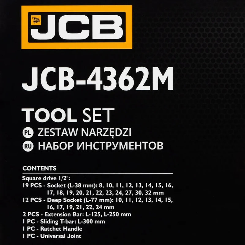 Innehållsförteckning för JCB hylsnyckelsats 1/2 tum