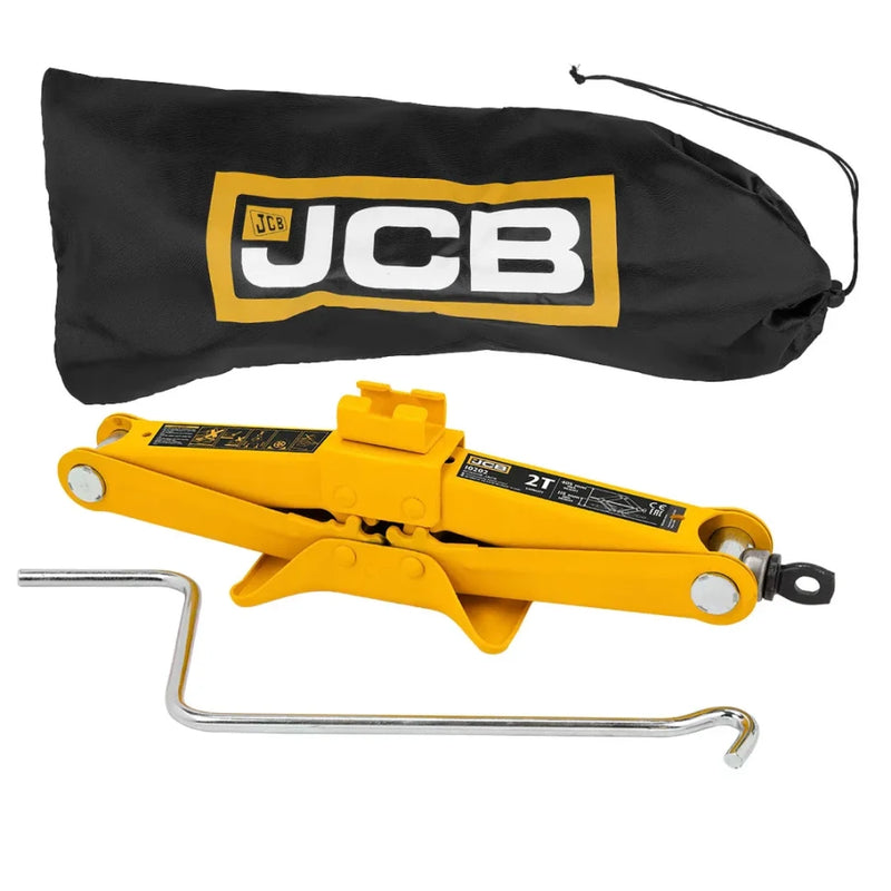 Mekanisk saxdomkraft 2 ton från JCB i hopfällt läge med vevhandtag och vattentåligt förvaringsfodral