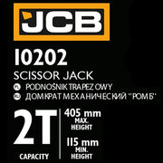 Produktetikett på JCB saxdomkraft 2 ton med minhöjd 115 mm och maxhöjd 405 mm