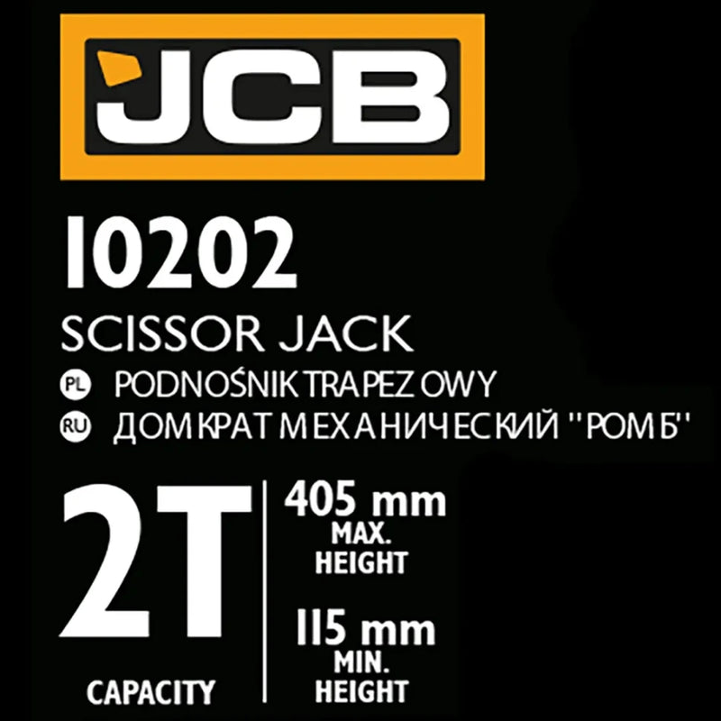Produktetikett på JCB saxdomkraft 2 ton med minhöjd 115 mm och maxhöjd 405 mm
