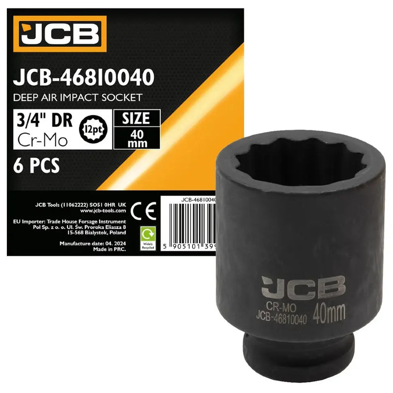 Djup krafthylsa 40 mm 12-kant, 3/4 tum Cr-Mo för tung verkstad