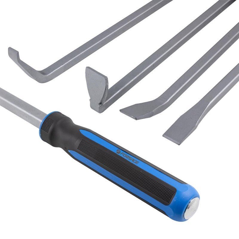 Fyra brytjärn i olika storlekar och vinklar – 915 mm och 610 mm, med ergonomiska gummihandtag.