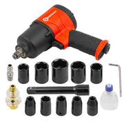 Översiktsbild: Komplett set – pneumatisk mutterdragare med tillbehör och 7 krafthylsor.