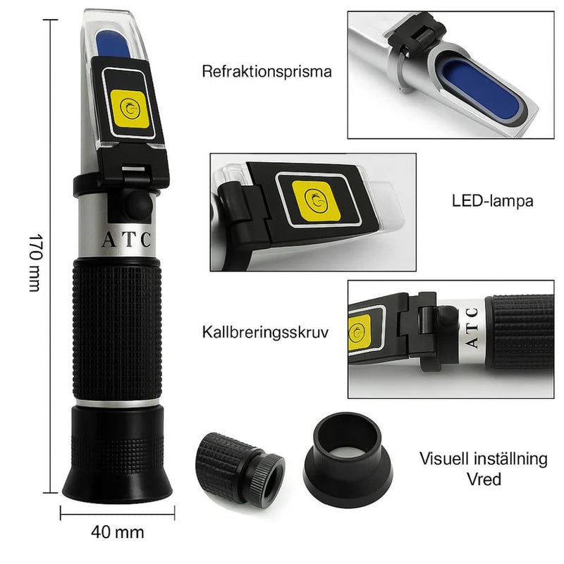 Fordonsrefraktometer med LED, ATC, kalibreringsskruv och visuell inställning – mått 170 mm.