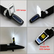 Optisk refraktometer med LED-belysning och knapp för användning i garage eller verkstad.