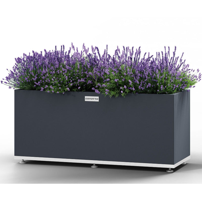 Rektangulär stålkruka från Coyotto med justerbara fötter – stilren design för offentlig och privat utemiljö.