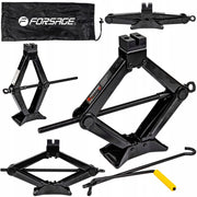 Saxdomkraft 2 ton från Forsage – kollagebild som visar domkraften i olika vinklar med gummisadel och vevhandtag.