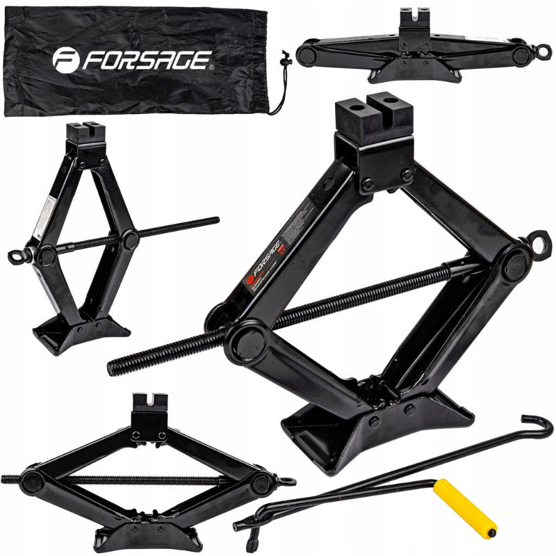 Saxdomkraft 2 ton från Forsage – kollagebild som visar domkraften i olika vinklar med gummisadel och vevhandtag.