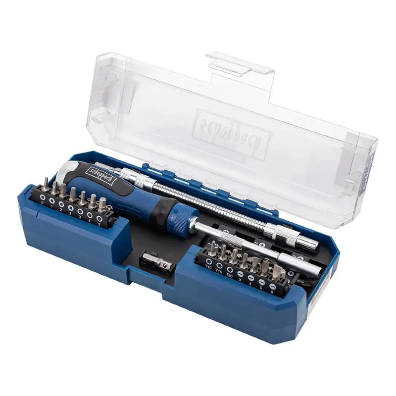 Öppen Scheppach 43-delars bitssats med skruvmejsel, förlängare och bits