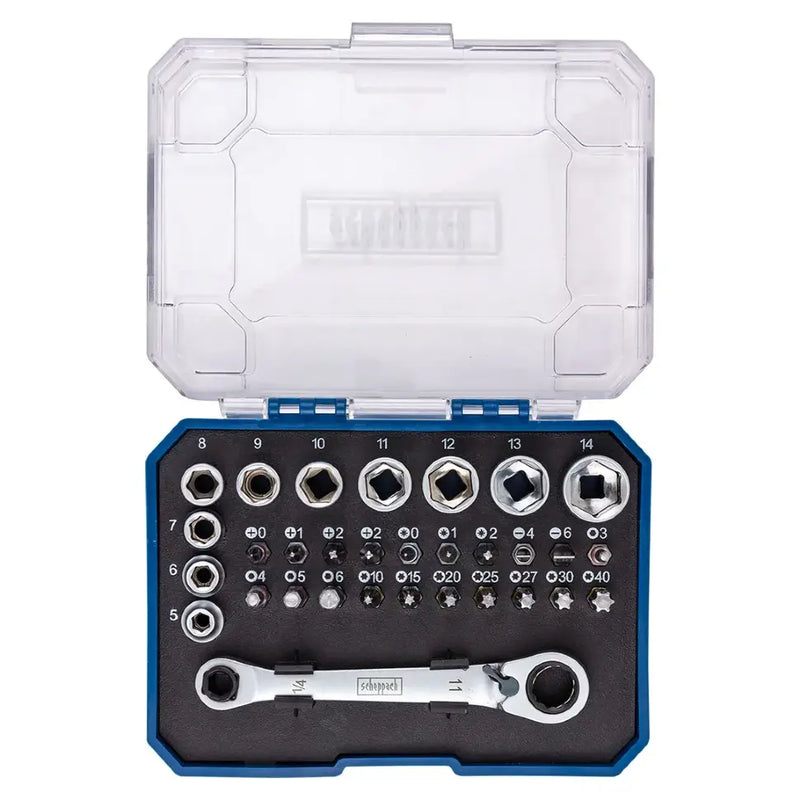 Hylsnyckelsats 31 delar från Scheppach i plastetui, vy uppifrån