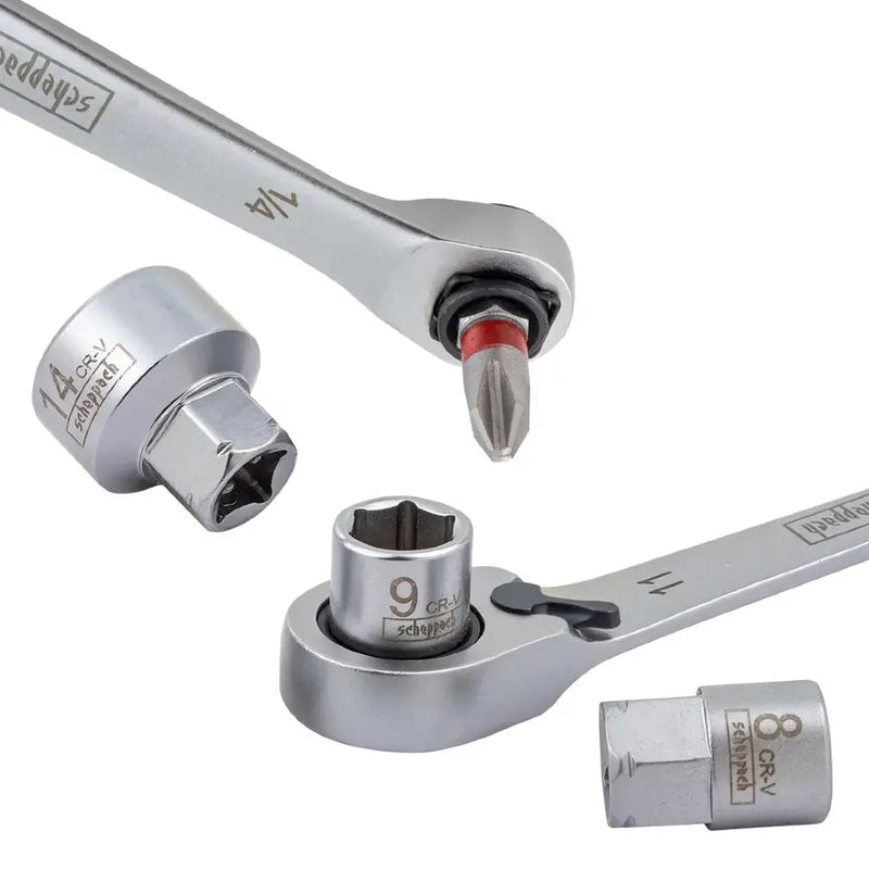 Närbild på spärrhandtag och hylsor i Scheppach hylsnyckelsats 31 delar 1/4 tum