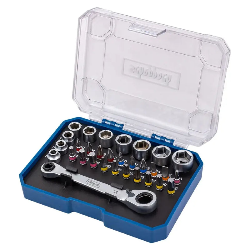 Öppen hylsnyckelsats med spärrhandtag, hylsor och bits, 31 delar från Scheppach