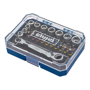 Stängt plastetui med 31-delars hylsnyckelsats från Scheppach