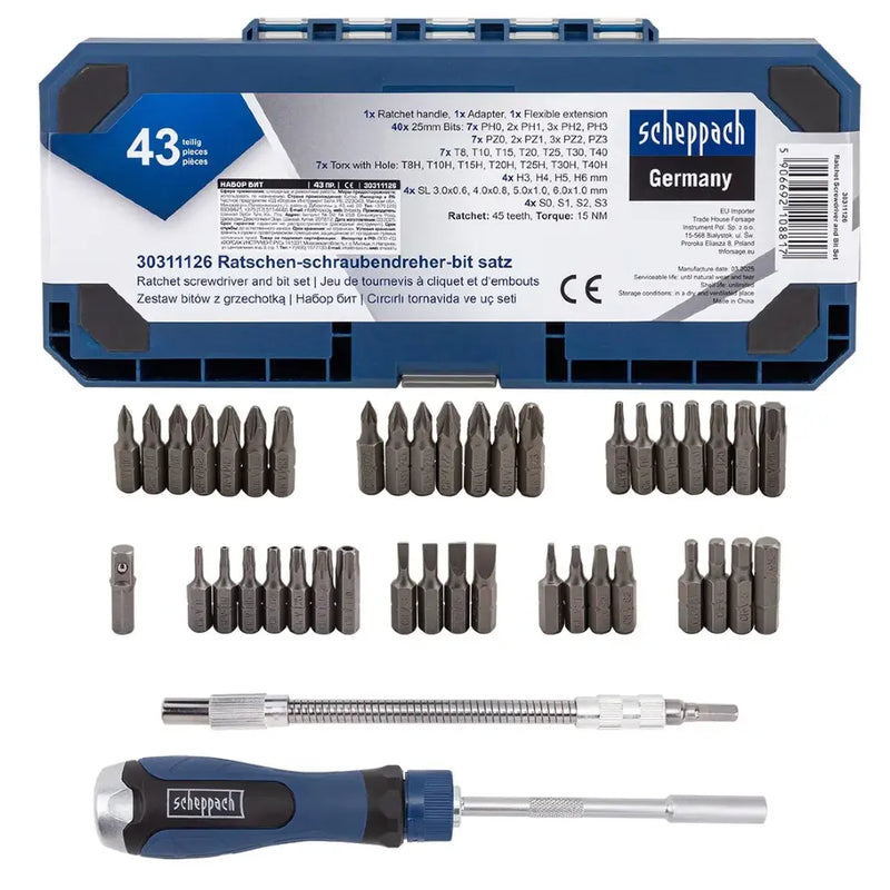 Spärrhandtag och bits ur Scheppach 43-delars sats