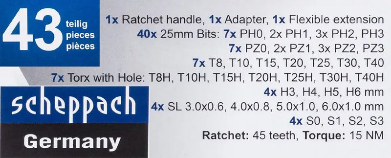 Specifikation för Scheppach 43-delars skruvmejsel- och bitssats