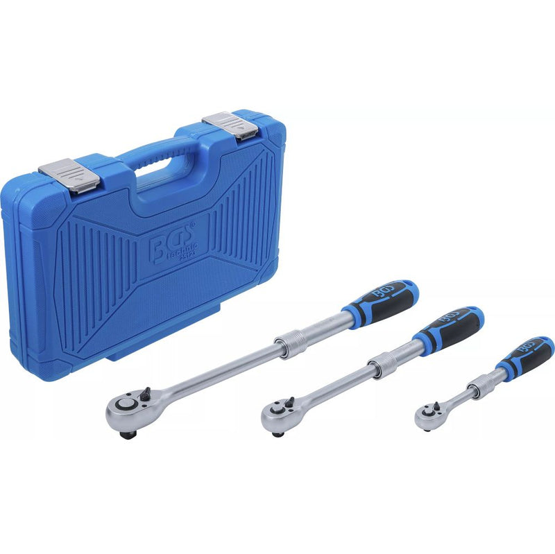 Utdragbart spärrhandtag 1/4", 3/8" och 1/2" i plastkassett, 3 delar