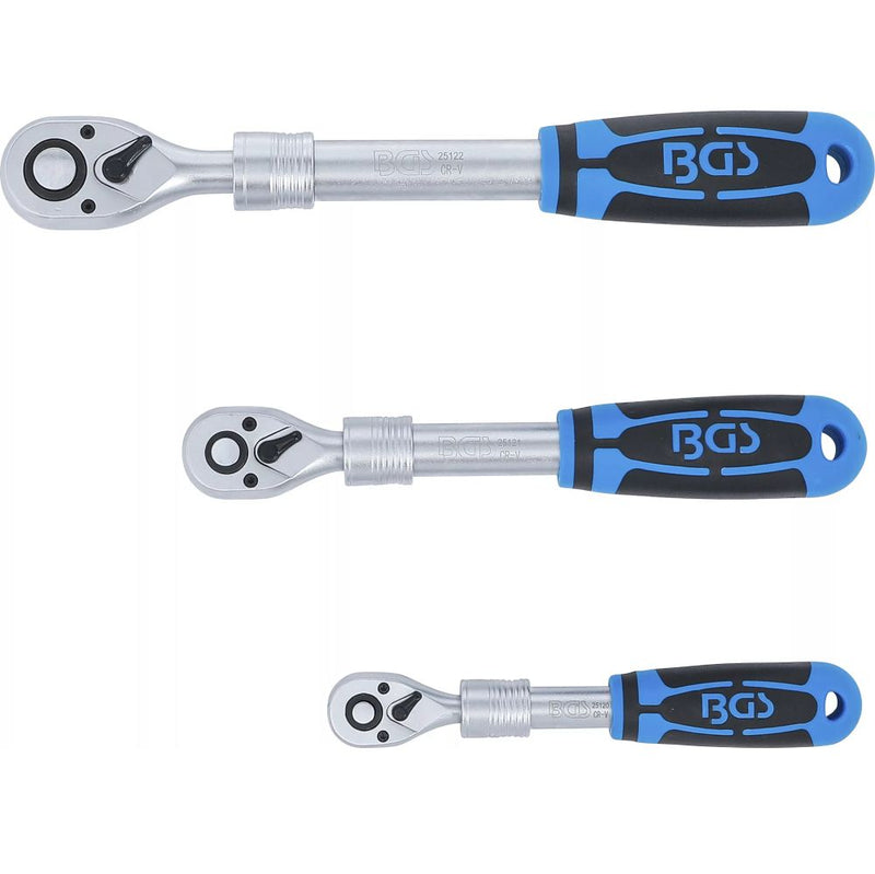 Tre utdragbara spärrhandtag 1/4", 3/8" och 1/2" med 2-komponentshandtag