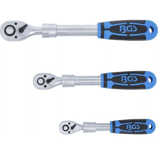 Tre utdragbara spärrhandtag 1/4", 3/8" och 1/2" med 2-komponentshandtag