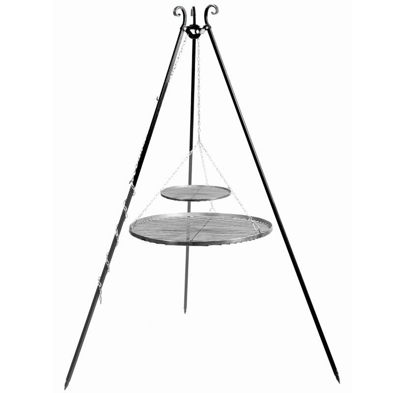 Grillstativ 180 cm med två grillgaller i naturligt stål