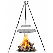 Grillstativ 180 cm med två grillgaller i naturligt stål – över öppen eld