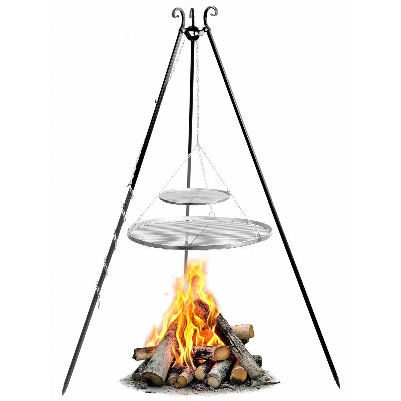 Grillstativ 180 cm med två grillgaller i rostfritt stål – över öppen eld