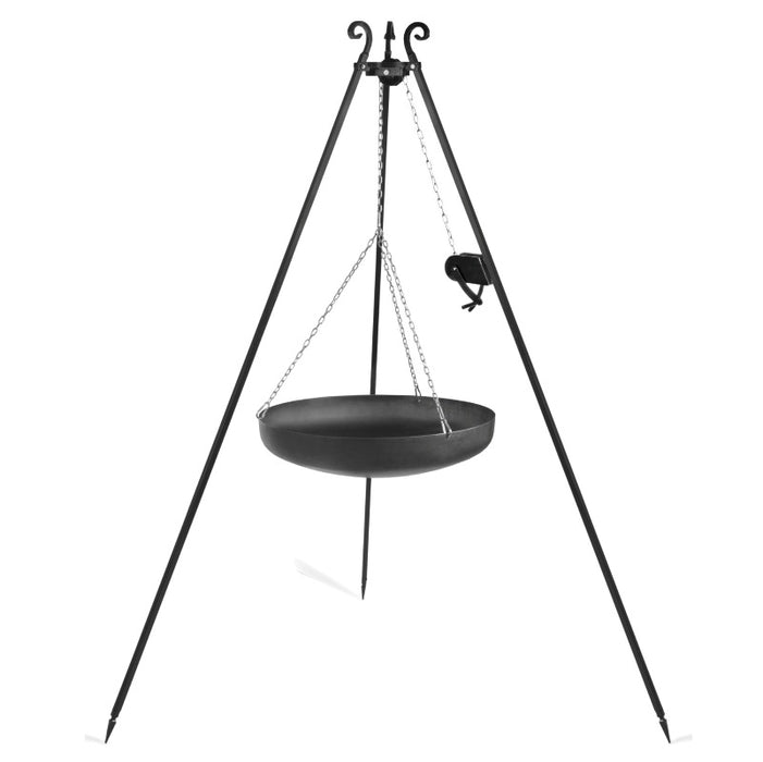 Cook King tripod 180 cm med wok och vinsch i svart stål, perfekt för utomhusmatlagning