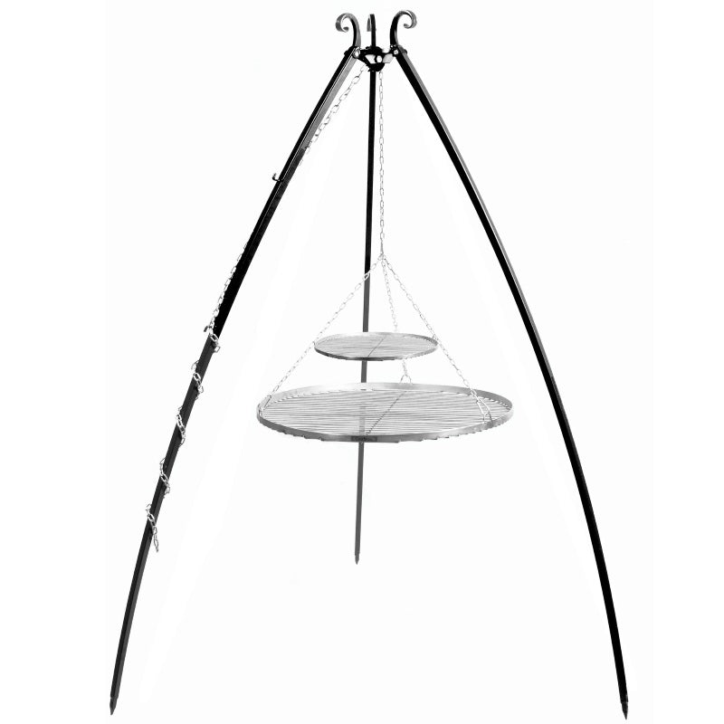 Grillstativ 200 cm med två grillgaller i rostfritt stål