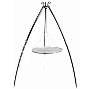 Grillstativ 200 cm med hängande grillgaller i rostfritt stål – vit bakgrund