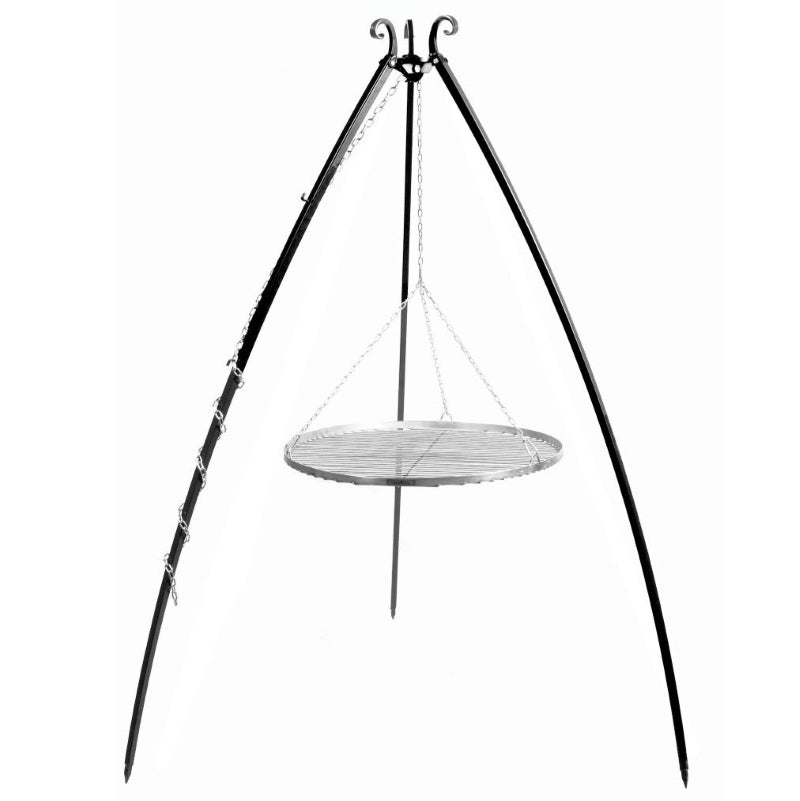 Grillstativ 200 cm med hängande grillgaller i rostfritt stål – vit bakgrund