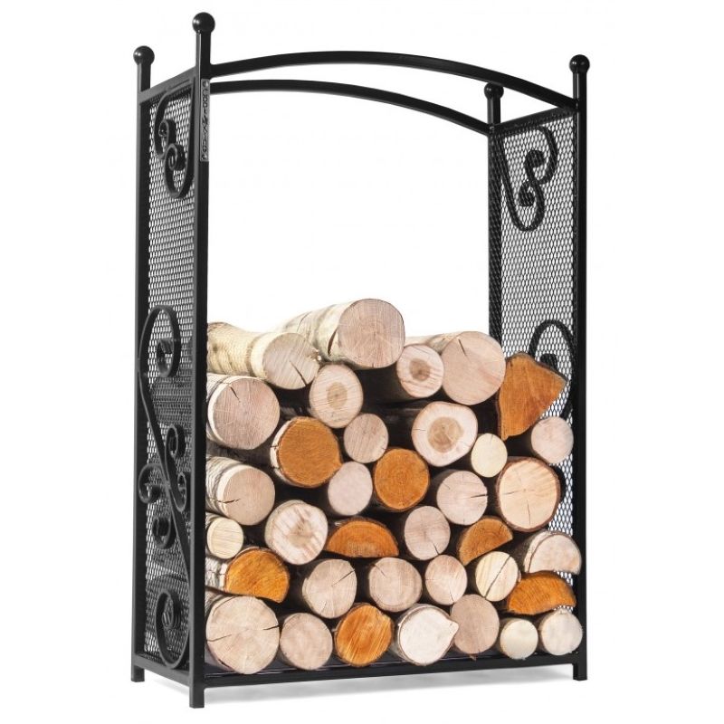 Vedställ CHERRY i svart stål med bågformat övre fäste, fylld med vedklabbar